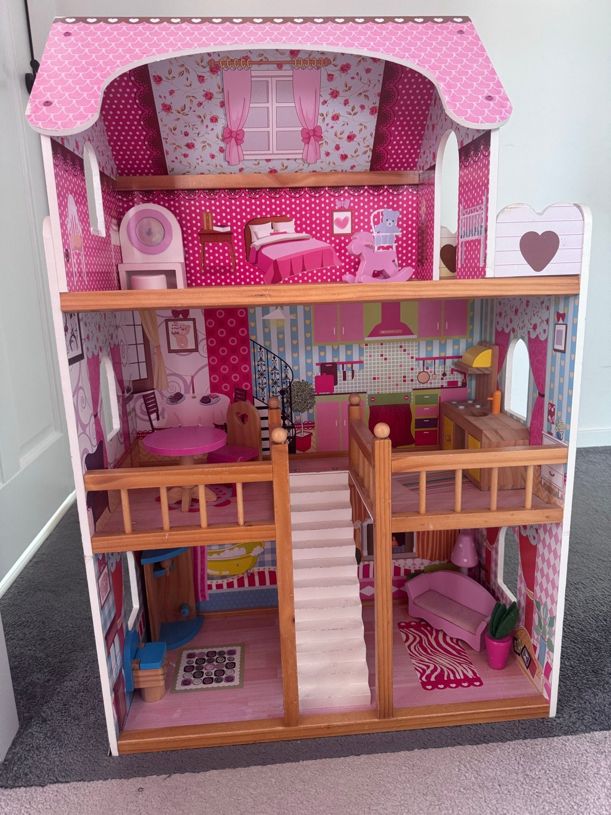 Groot Poppenhuis met Meubeltjes - Roze Houten Speelgoed, Verzamelen, Poppenhuizen en Toebehoren, Ophalen, Gebruikt, Poppenhuis