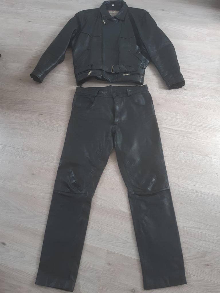 Zwart leren motorpak, jas maat M, broek maat 34, Motoren, Kleding | Motorkleding, Ophalen, Tweedehands, Combipak