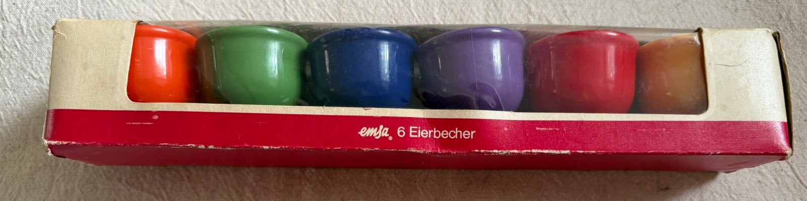 6 Emsa eierdopjes meerkleurig, kunststof,West-Duitsland, Kunststof, Overige merken, Overige typen, Vintage
