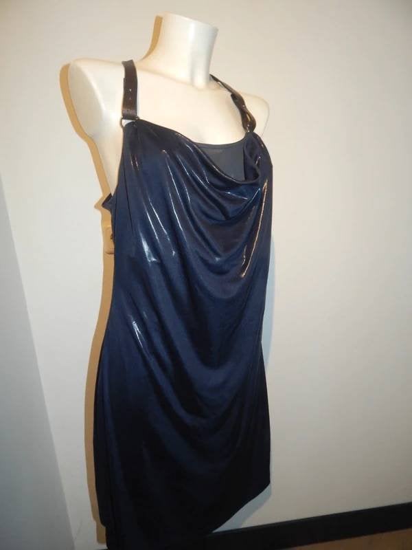 Marccain ijs blauwe jurk leren schouder banden glans N5 42, Maat 42/44 (L), Zo goed als nieuw, Knielengte, Marccain