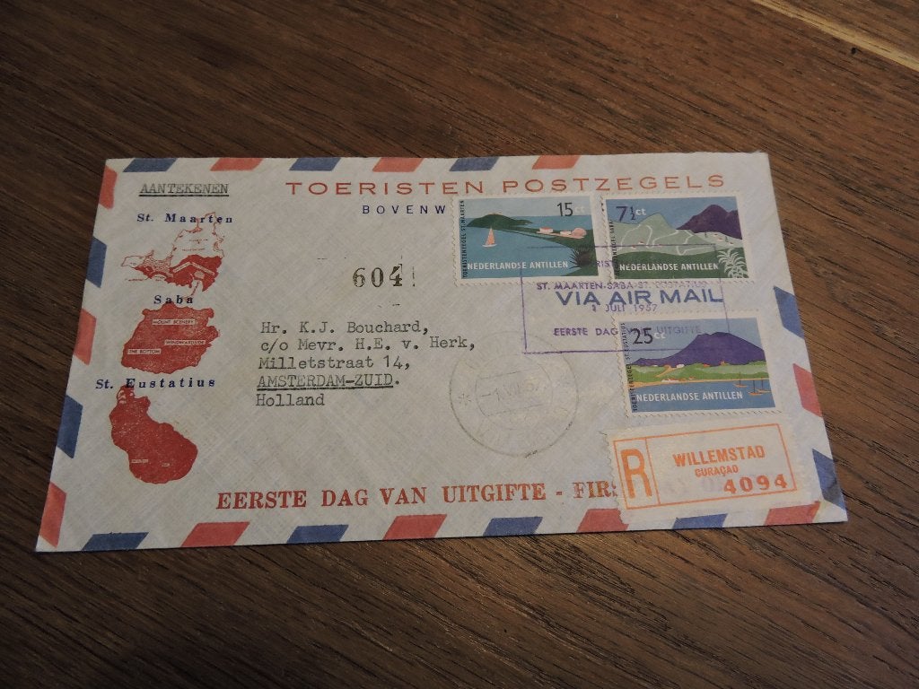 fdc nederlandse antillen  E  E2_3M –1 juli 1957  verschoven, Ophalen of Verzenden, Gestempeld