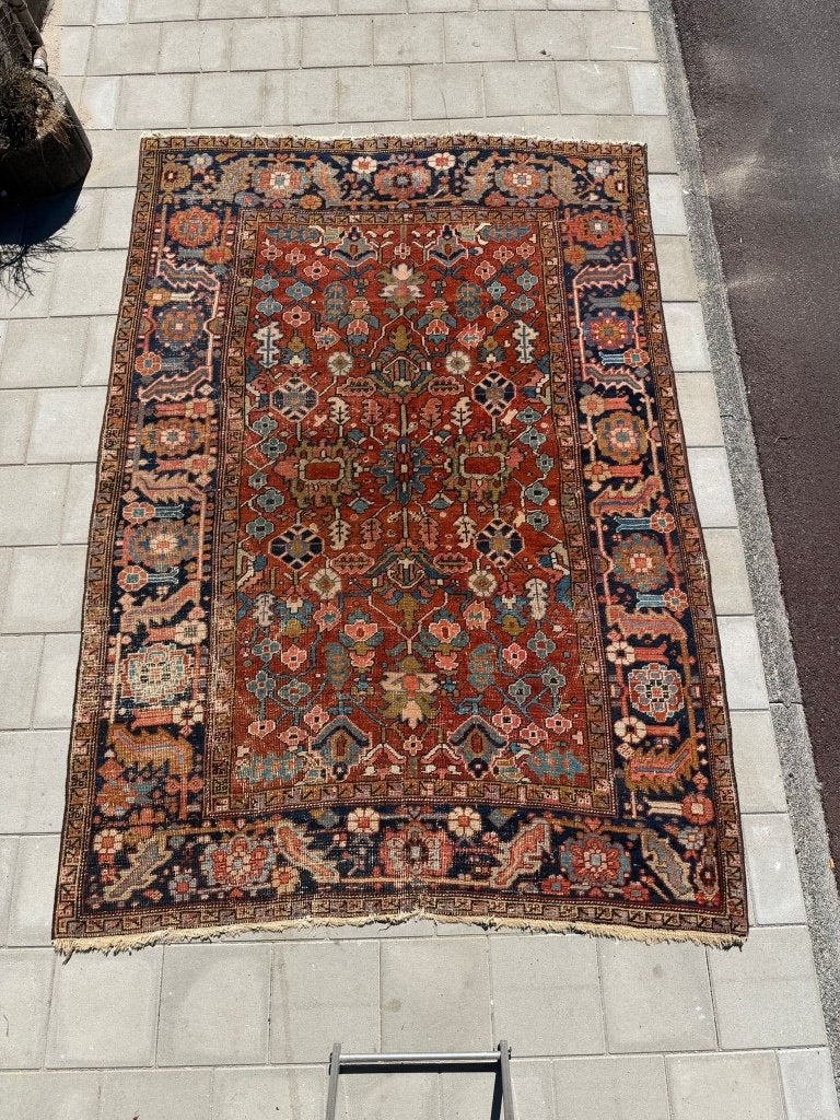 Antiek Heriz tapijt –225x202cm– uniek geometrisch design, Gebruikt, Wol, 200 cm of meer, Ophalen of Verzenden