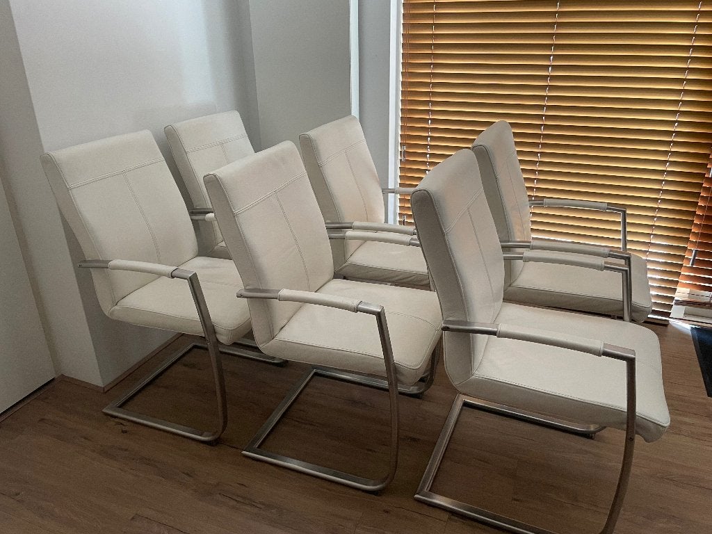 6 witte Lederen Design Eetkamerstoelen van Henders en Hazel, Ophalen, Gebruikt, Wit, Leer