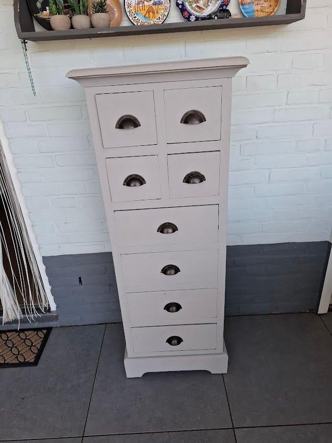 Hoge smalle ladekastje Teakhout, Huis en Inrichting, Kasten | Ladekasten, Ophalen, Minder dan 50 cm, Gebruikt, 5 laden of meer