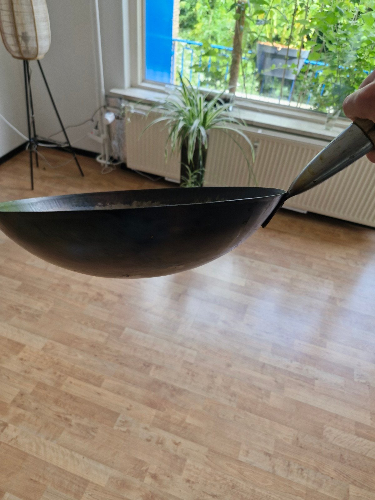Wokpan met houten handvat en wokring, Ophalen of Verzenden, Gebruikt, Overige materialen, Wok