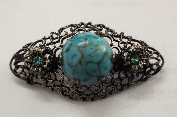 Oude Tsjechische filigrain broche met turkoois en strass, Ophalen, Zo goed als nieuw, Zilver, Overige materialen