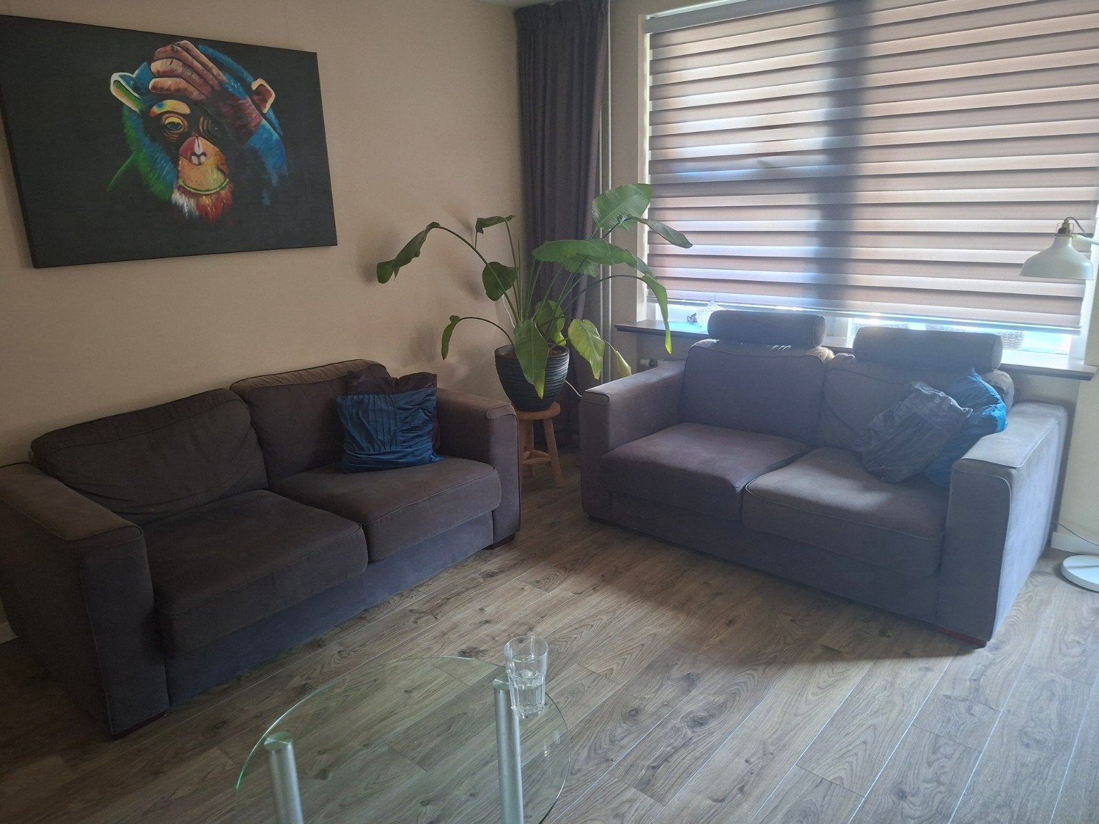 Gratis twee antraciete/bruine banken, Ophalen, Gebruikt, 150 tot 200 cm, Tweepersoons