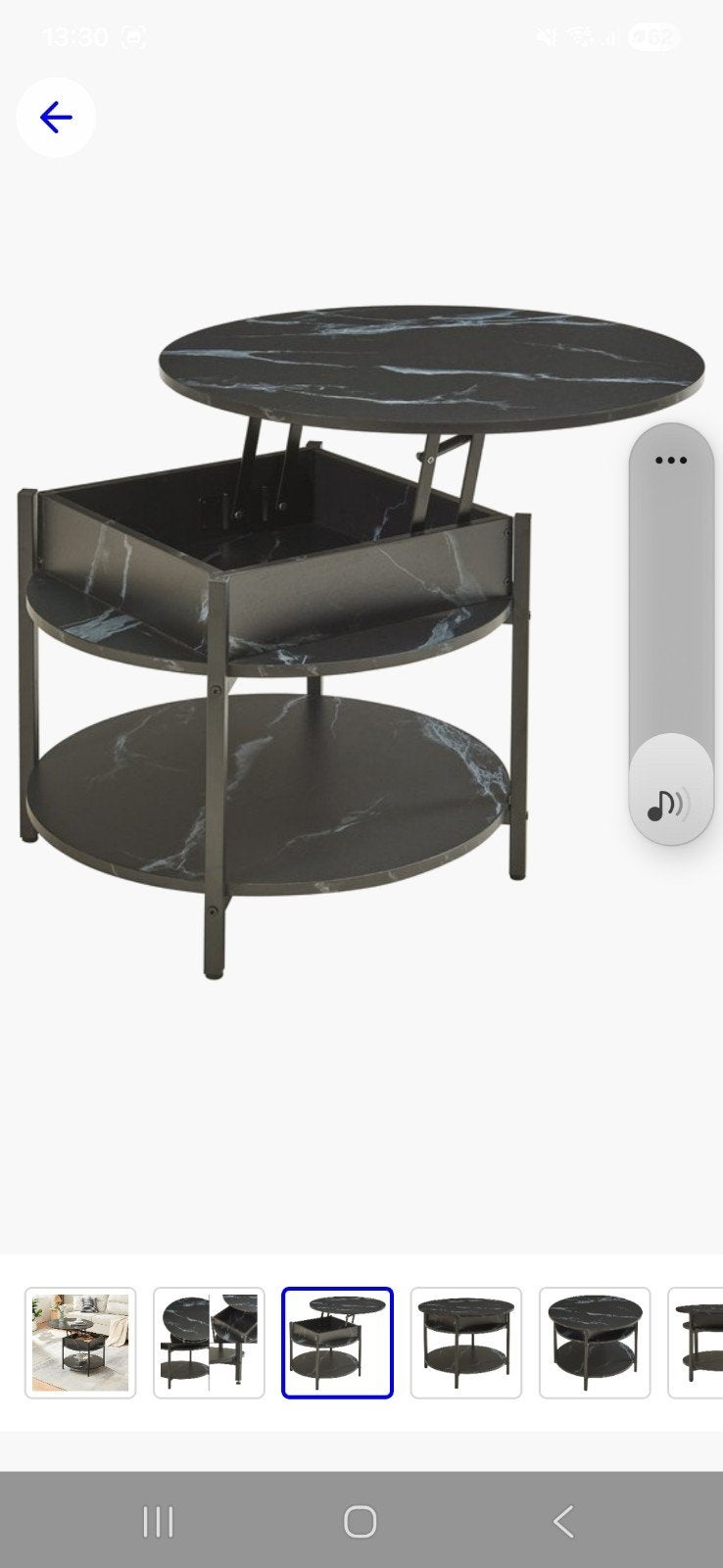 Salontafel met opklapbaar blad en marmerprint, ø70cm, Ophalen, Overige materialen, 50 tot 100 cm, Rond