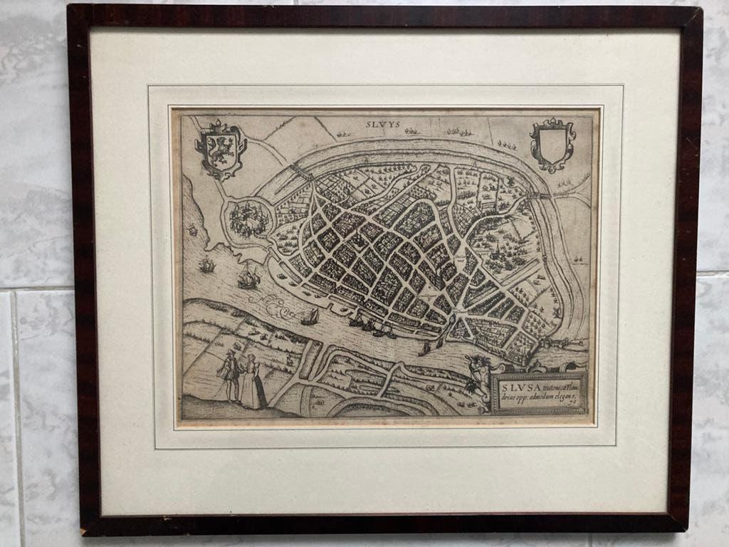 Slusa, Teutonicæ Flandriae opp. admodvm elegans, Sluis, 1588, Antiek en Kunst, Kunst | Etsen en Gravures, Met tekst, Cartografie