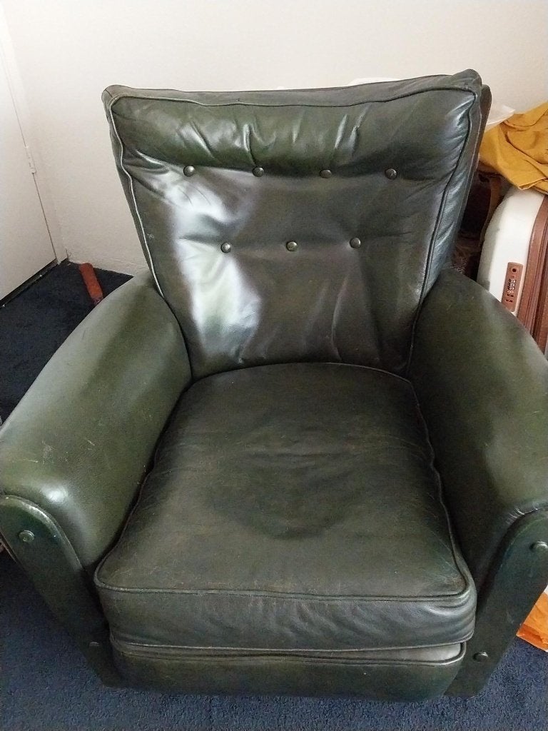 Groen lederen (dames) fauteuil, Huis en Inrichting, Ophalen, Gebruikt, Minder dan 75 cm, Klassiek/engels