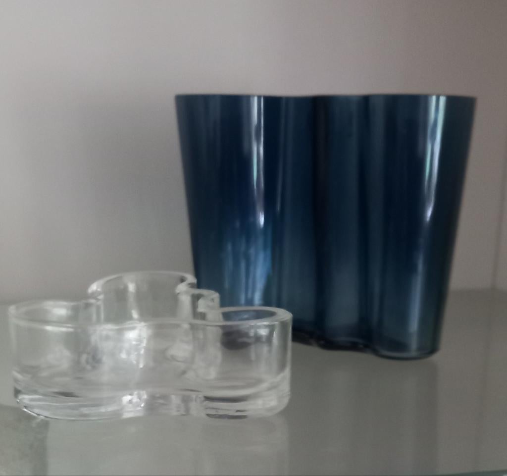 Iittala Alvar Aalto vaas smokey blue en klein waxinelichtje, Ophalen of Verzenden