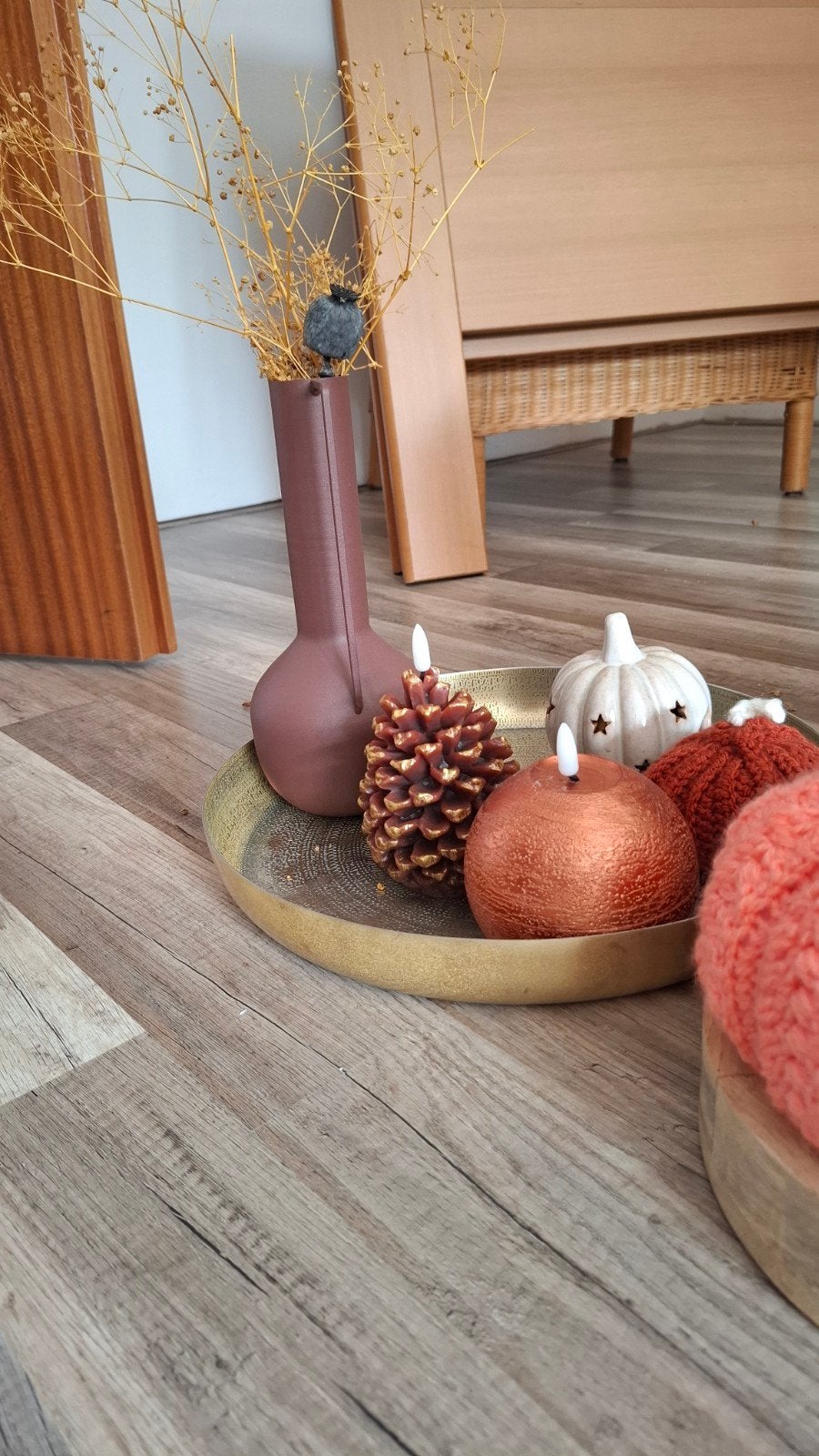 Herfstdecoratie set met vaas, kaarsen en pompoenen, Meerkleurig, Overige materialen, Ophalen of Verzenden, Zo goed als nieuw
