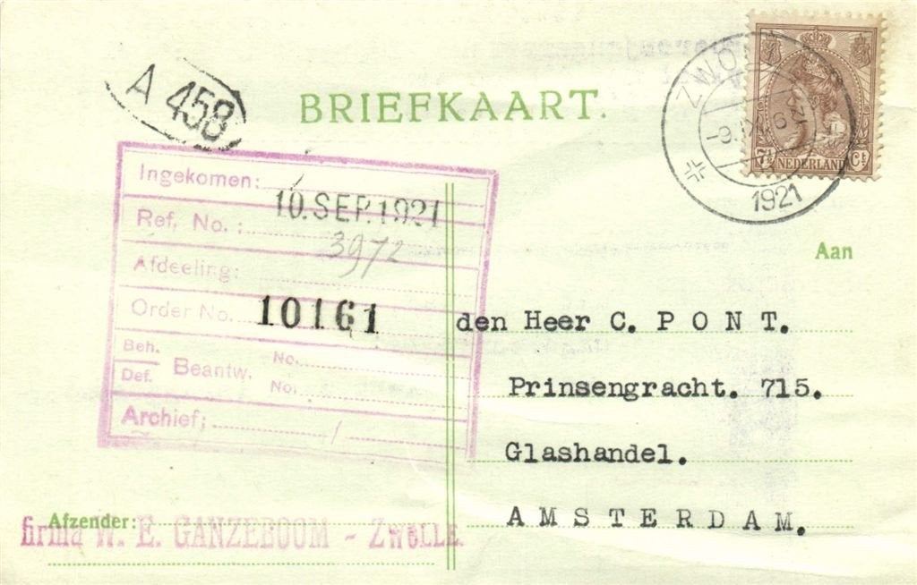 firma W.E. Ganzeboom Zwolle - 09.1921 - briefkaart, Ophalen of Verzenden, Briefkaart
