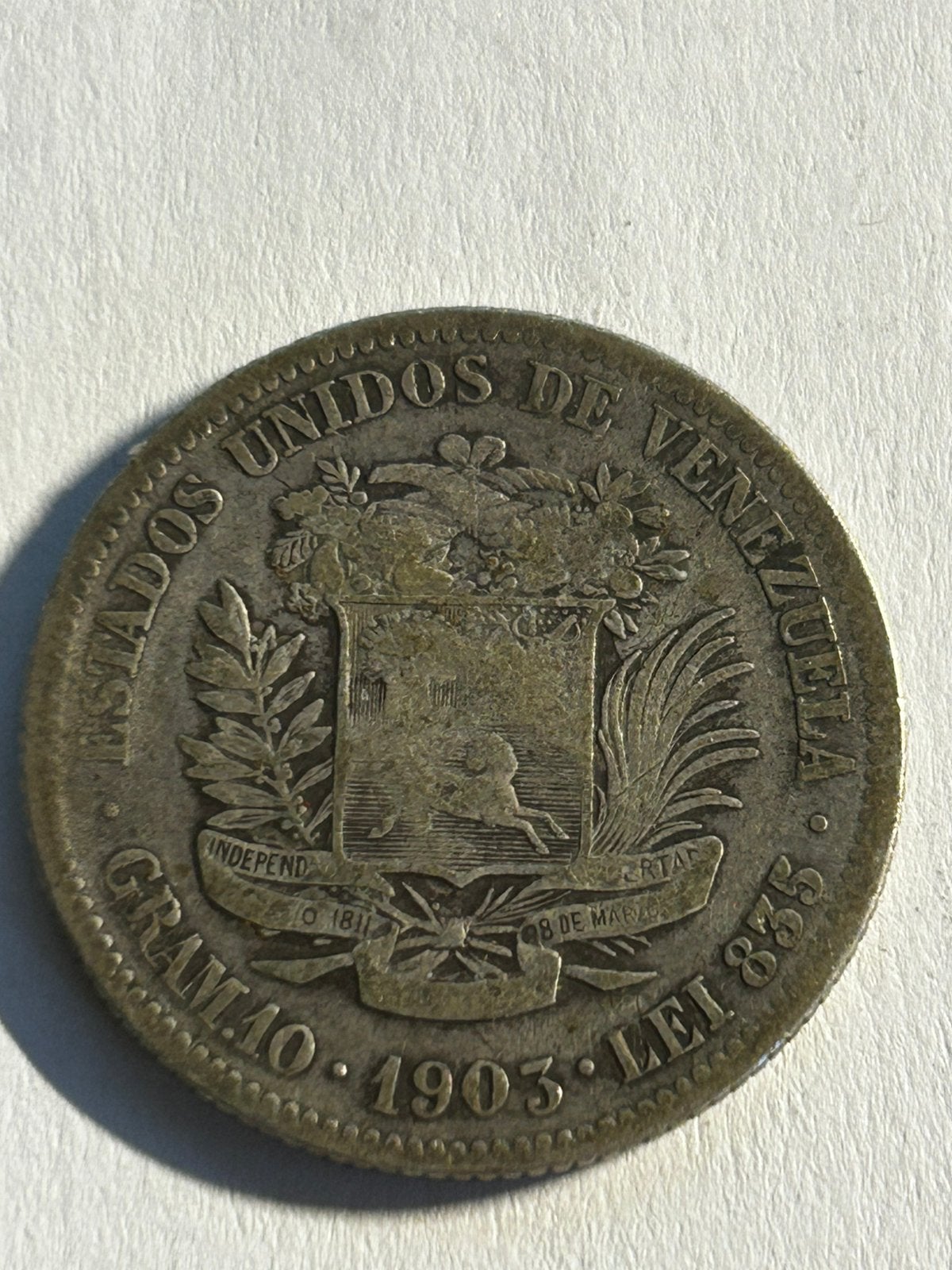 Zilveren 2 Bolívares Venezuela 1903 – 9,8 gram (.835), Ophalen of Verzenden, Zuid-Amerika, Zilver