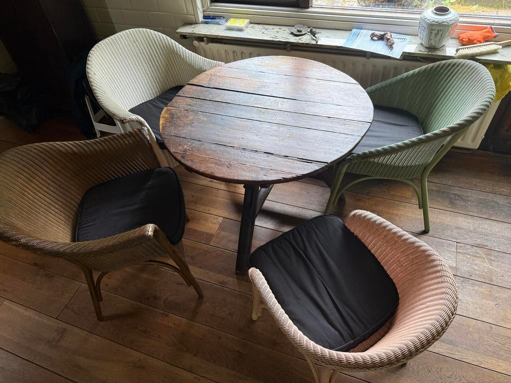 Antieke Boeren Tafel met 4 Vintage Rotan Stoelen, Antiek en Kunst, Ophalen