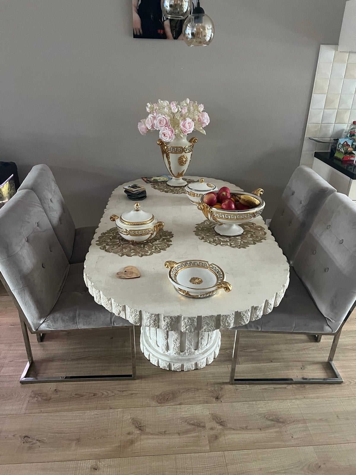Stenen eettafel met 4 stoelen en bijpassende meubels, Ophalen, Gebruikt, Vier personen, Overige materialen