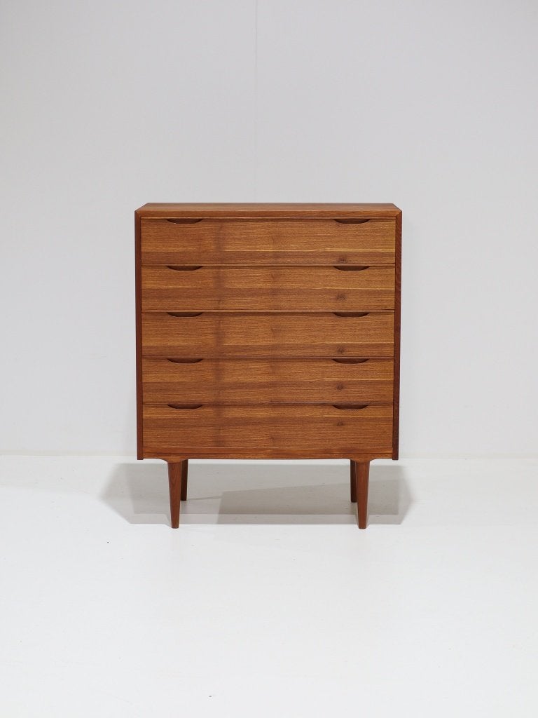 Ladekast tallboy teak Deens 1960s vintage, Ophalen, 100 tot 150 cm, -, Teakhout