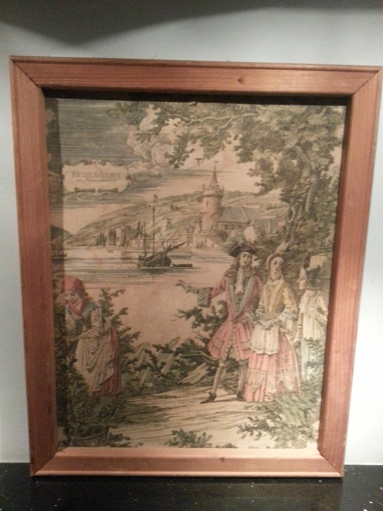 Brocante paneel met voorstelling op linnen, Ophalen