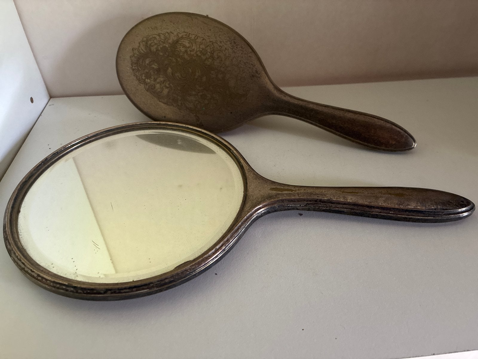 Vintage Zilverkleurige Spiegel en Borstel Set, Ophalen, Zilver
