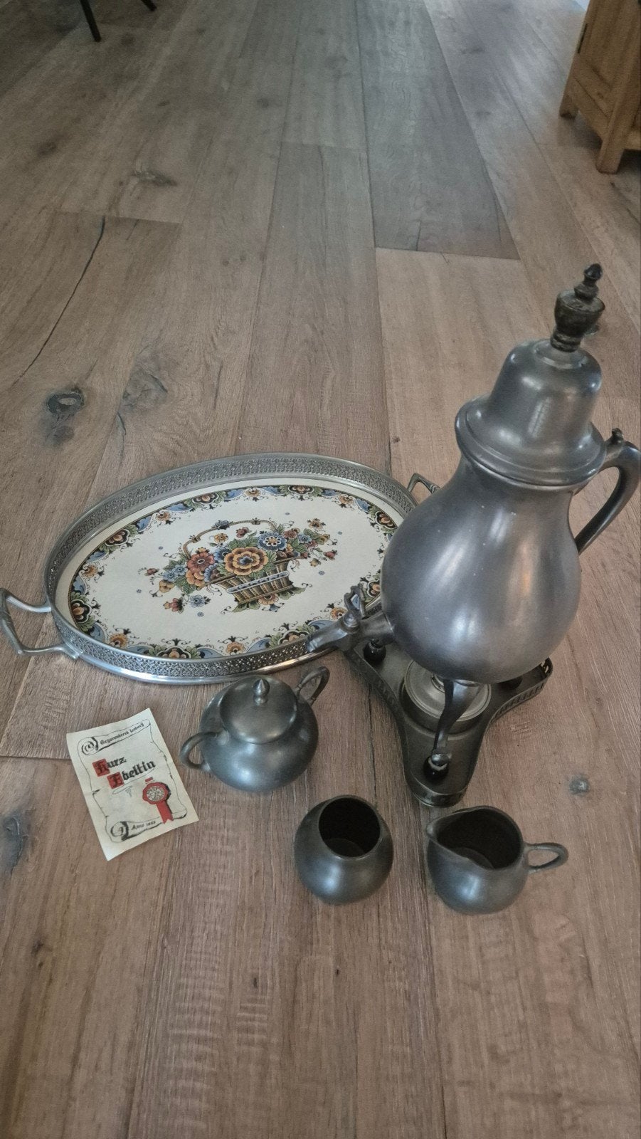 Tinnen theeservies met Westraven dienblad - compleet, Antiek en Kunst, Antiek | Tin, Ophalen