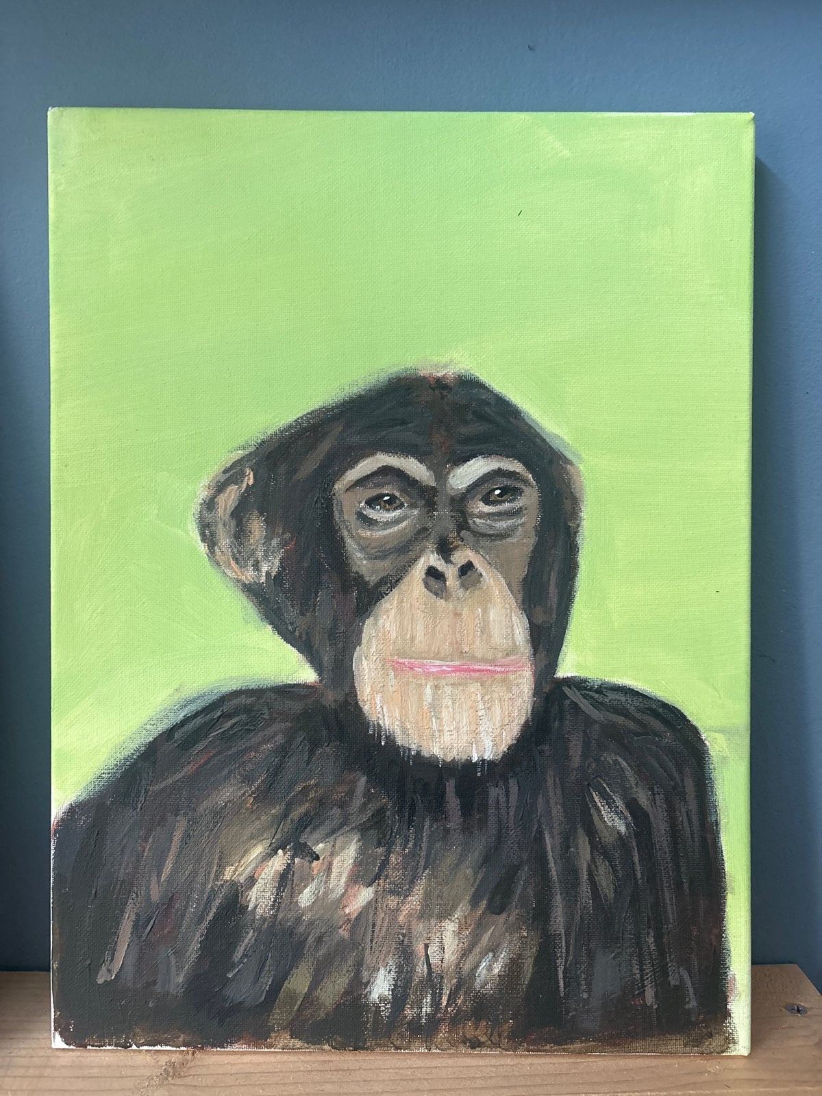 Schilderij van een chimpansee op een groene achtergrond, Acrylverf, Handgeschilderd, Ophalen of Verzenden, Dieren