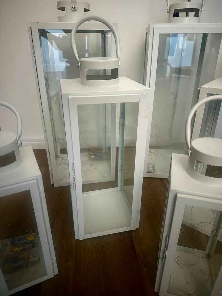 Set van 6 witte metalen lantaarns met glas, Ophalen, Wit, Zo goed als nieuw, Metaal
