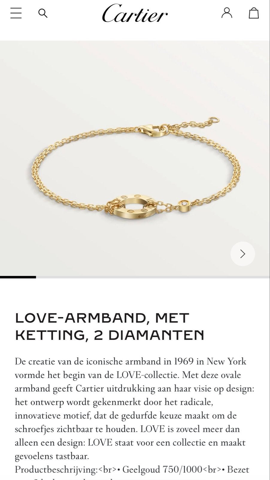 Cartier LOVE-armband met ketting en 2 diamanten., Ophalen, Zo goed als nieuw, Goud, Met edelsteen
