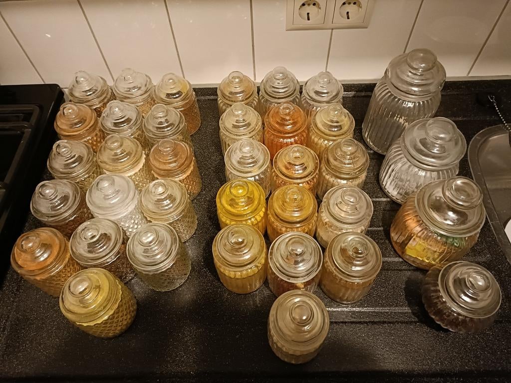 36 stuks glazen Kruidenpotjes, voorraadpot, snoeppot, Ophalen, Gebruikt, Glas, Pot, Bus of Blik