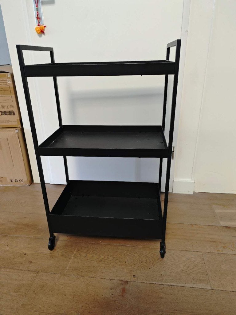 Zwarte metalen trolley / opbergkar 3 niveaus – op wieltjes, Ophalen
