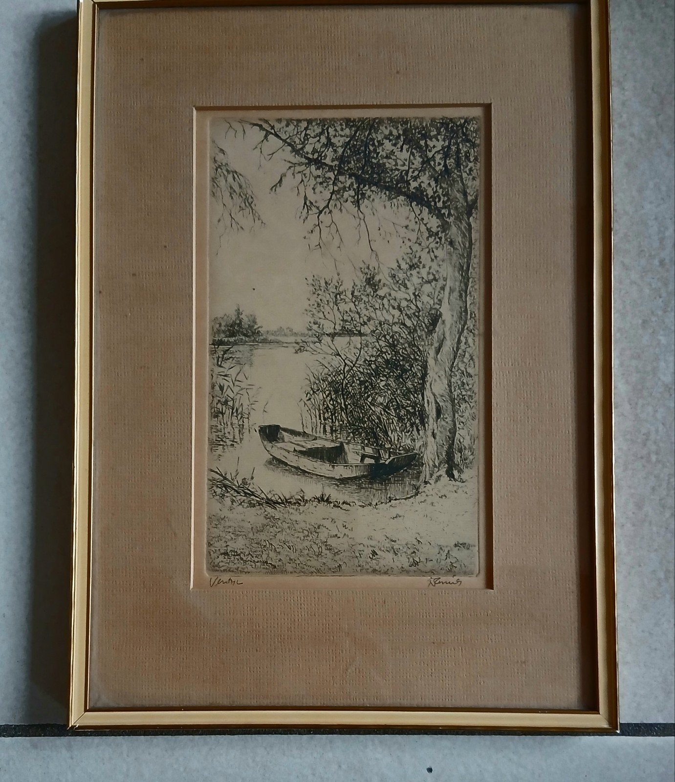 Ets Landschap, met Boom En Bootje Aan Waterkant, Ophalen of Verzenden, Gesigneerd