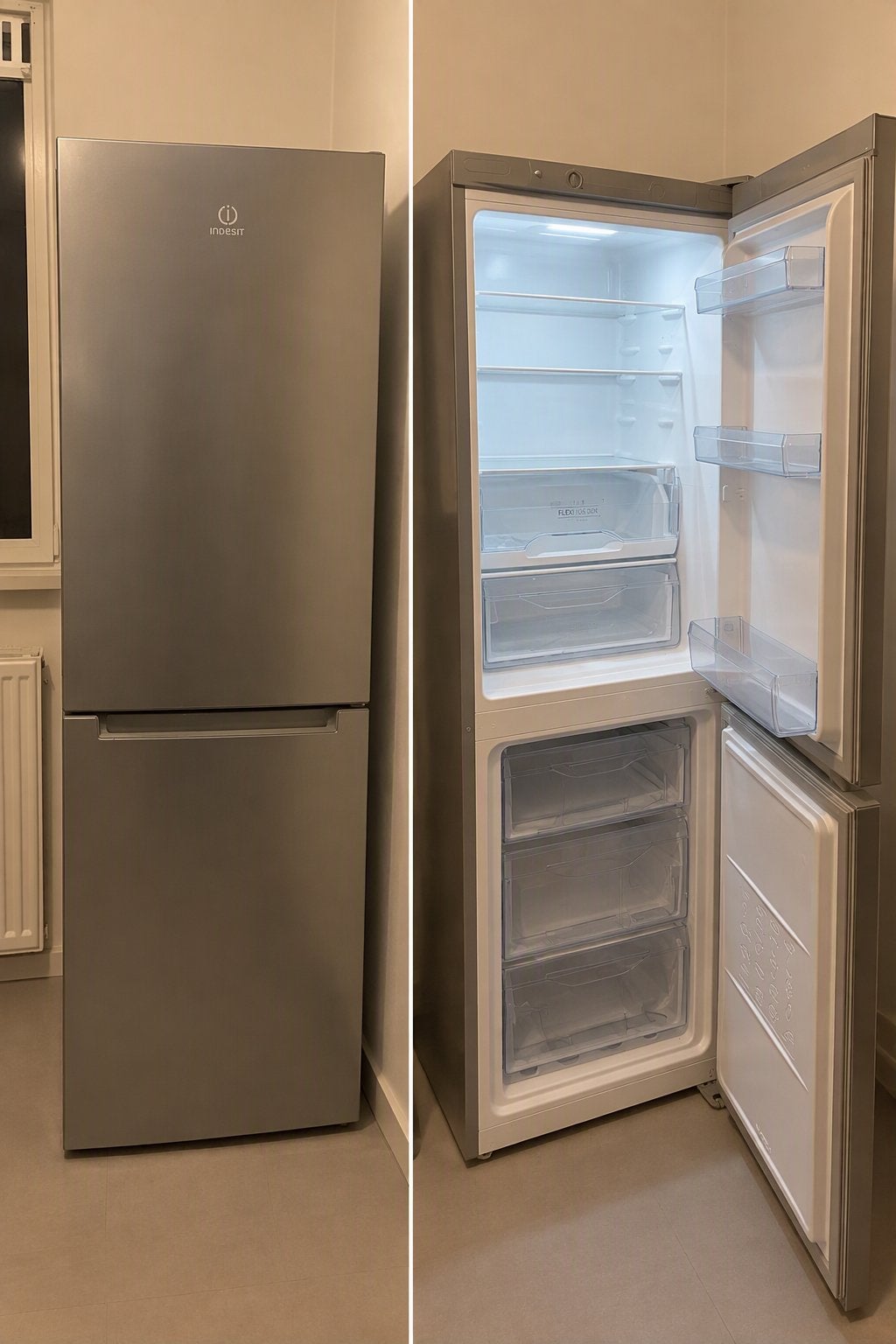 Indesit Koel-vriescombinatie - Zilver/Grijs met 3 vrieslades, Ophalen, Gebruikt, Met aparte vriezer, 160 cm of meer