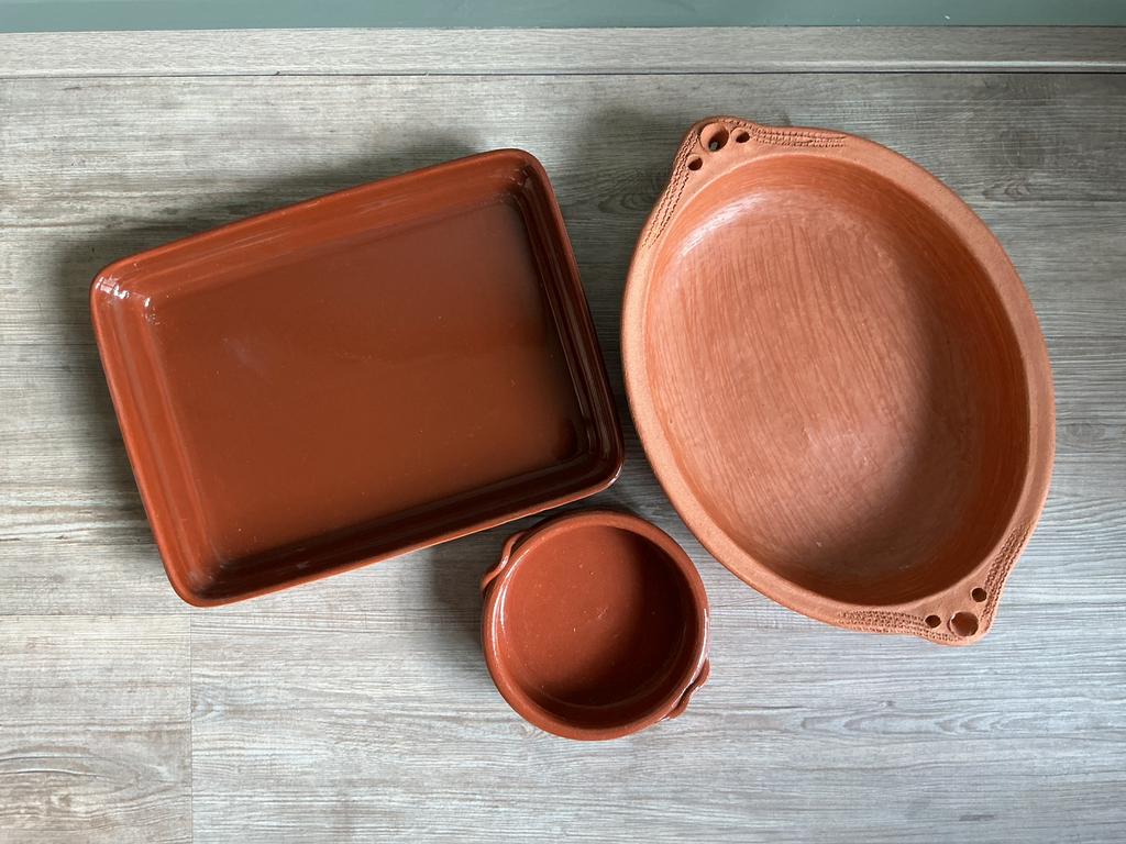 3 aardewerk terracotta ovenschalen, Ophalen, Gebruikt, Overige materialen, Overige typen