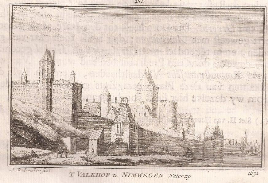 Nijmegen. 281't Valkhof te Nimwegen Waterzy 1631 kopergravur, Antiek en Kunst, Kunst | Etsen en Gravures, Origineel, Stadsgezicht
