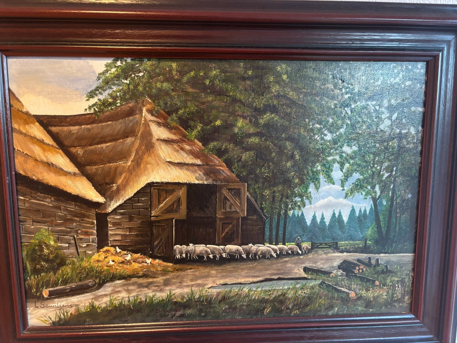 Olieverfschilderij: Boerderij met schapen en kippen, Doek, Realistisch, Ophalen of Verzenden, Gesigneerd