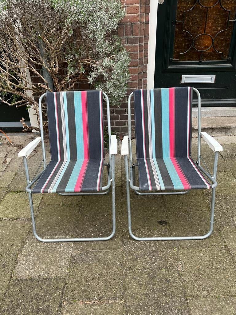 Vintage kampeerstoelen aluminium klapstoel 1980 streep set/2, Verzenden, Gebruikt, Campingstoel