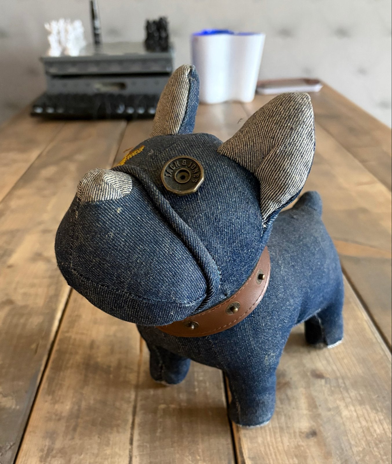 Vintage Jack & Jones denim Franse bulldog knuffel, Ophalen of Verzenden, Gebruikt, Hond of Kat, Beeldje of Figuurtje