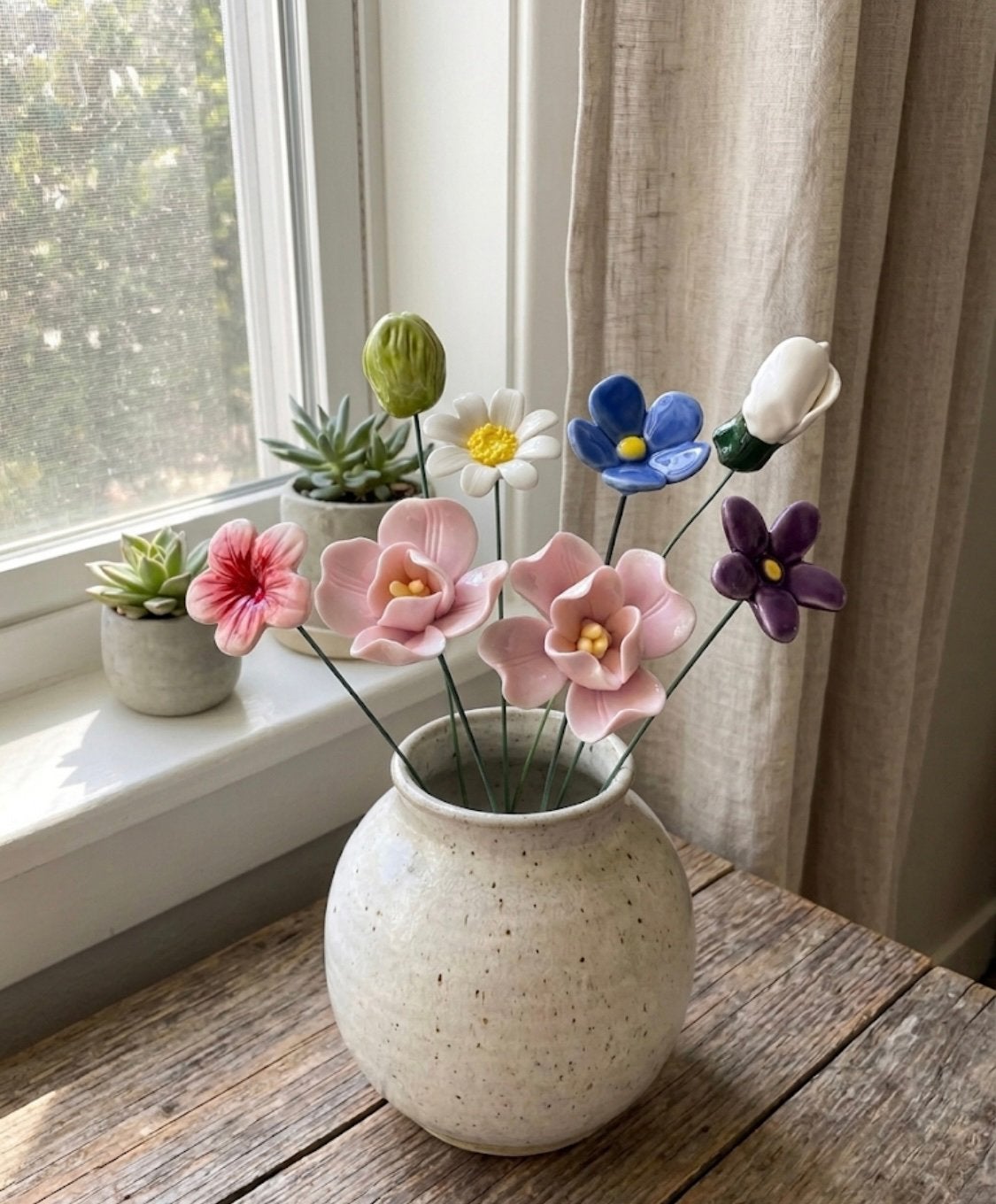 NIEUW !! Prachtig boeket keramieken bloemen 8 stuks, Huis en Inrichting, Steen/keramiek, Ophalen of Verzenden, Nieuw