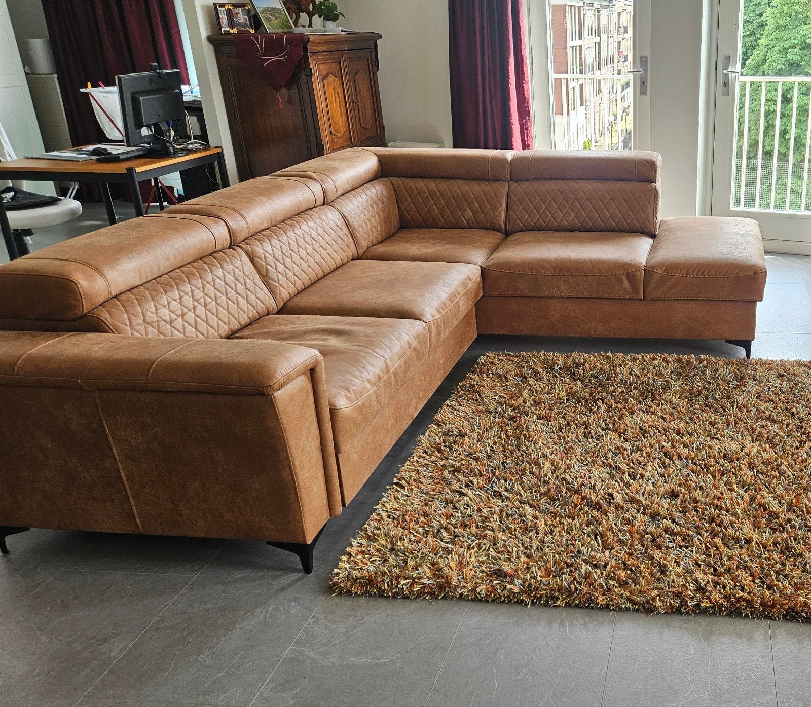 Slaapbank hoekbank met opbergruimte cognac-kleur afm zie tek, Huis en Inrichting, Banken | Bankstellen, Ophalen, 125 tot 150 cm