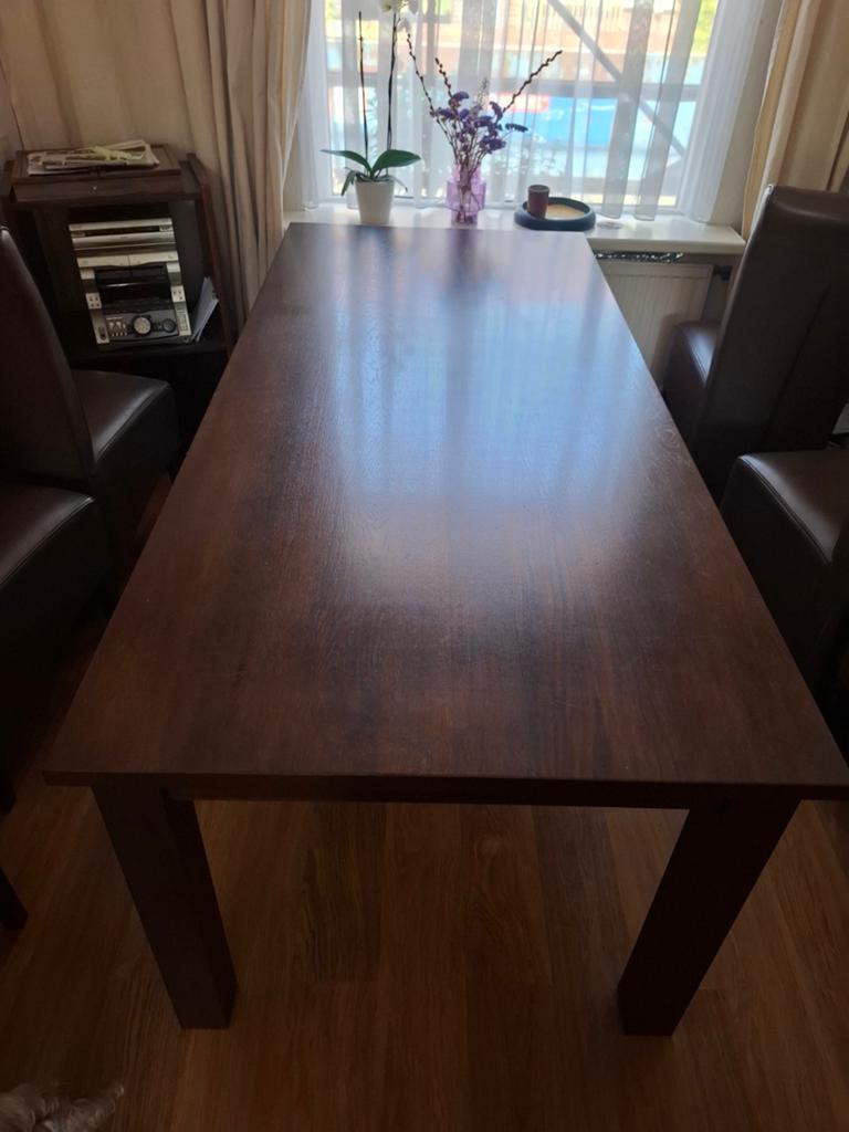 eettafel, donkerbruin hout, 200x90 cm, in IJsselste, Huis en Inrichting, Tafels | Eettafels, Ophalen, Gebruikt, 50 tot 100 cm