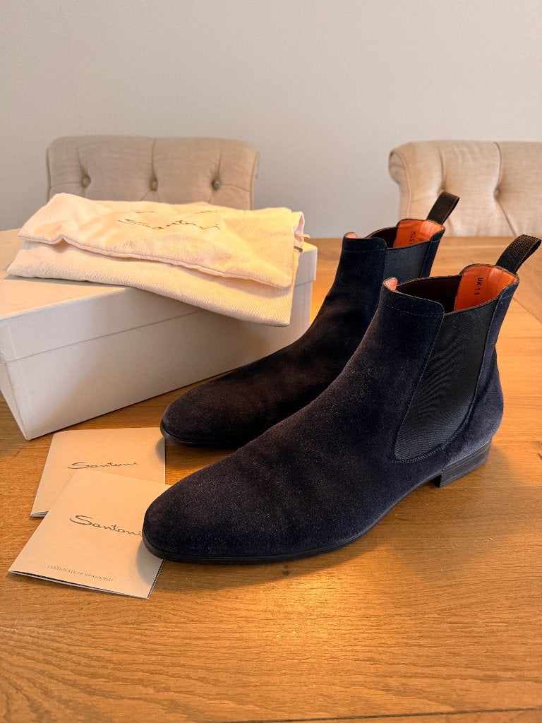 Stijlvolle Santoni Chelsea Boots blauw suède 46, Kleding | Heren, Blauw, Boots, Ophalen of Verzenden, Zo goed als nieuw