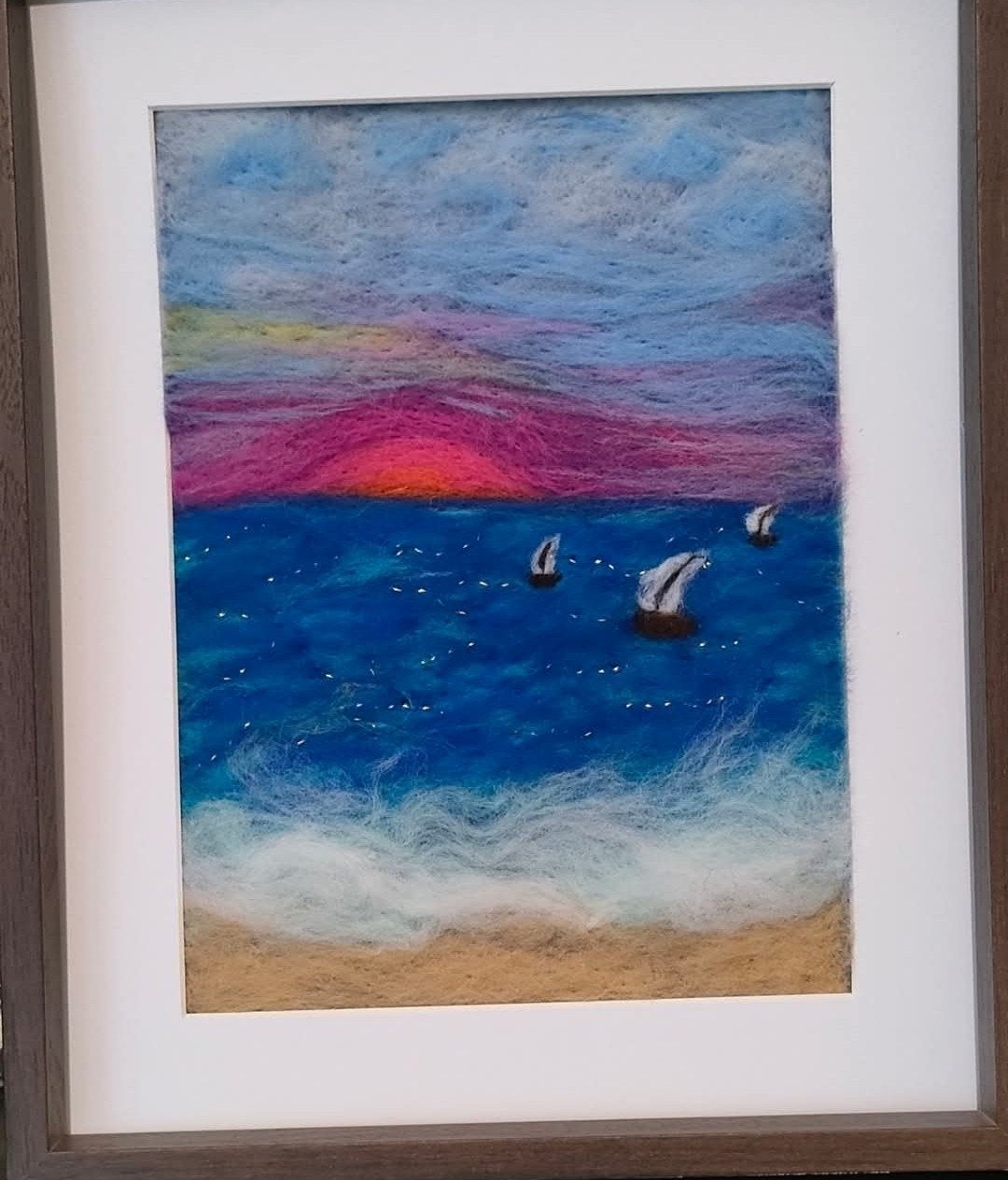 Handgemaakt vilten schilderijtje - Zeegezicht zonsondergang, Ophalen of Verzenden