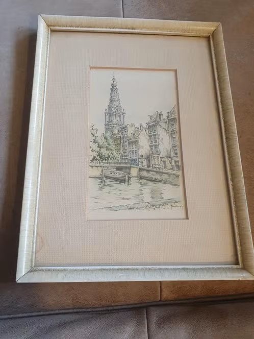 Litho met aquarel Zuiderkerk Amsterdam Henk Hoefman gesign, Antiek en Kunst, Ophalen