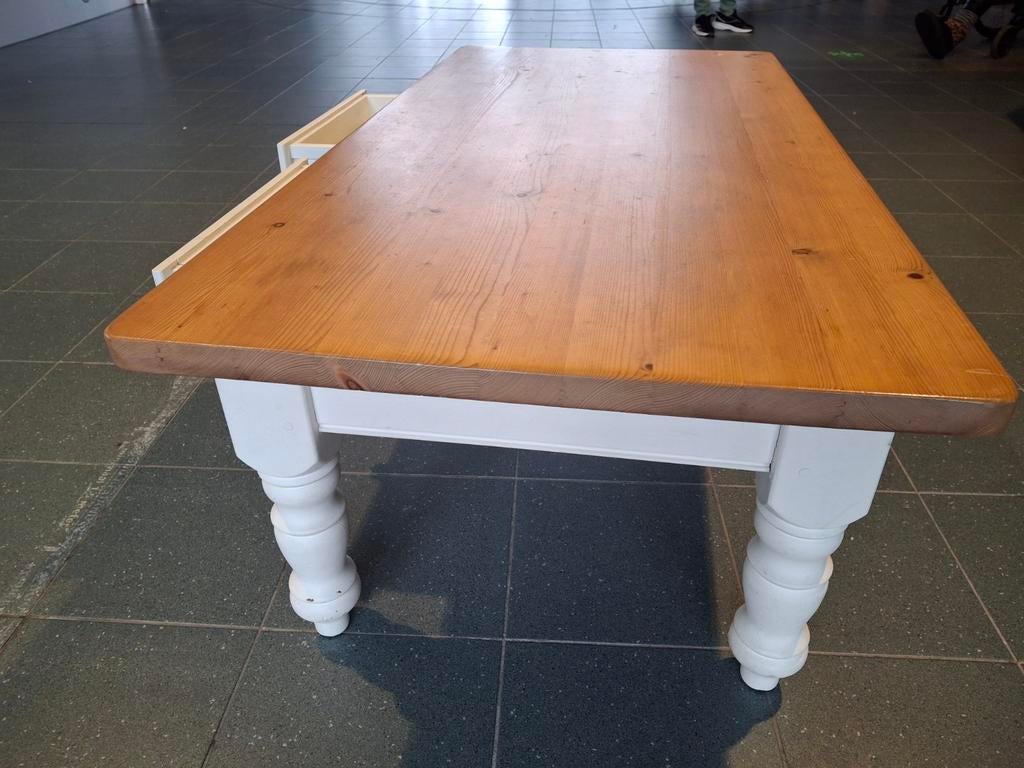 Massief Grenen Salontafel met 2 lades, Ophalen, Gebruikt, 100 tot 150 cm, 50 tot 100 cm