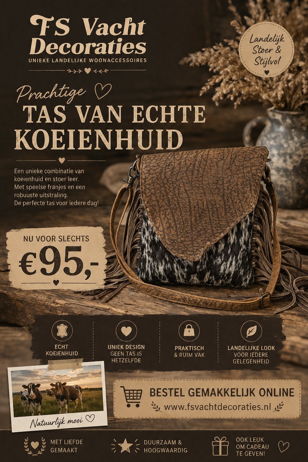 Prachtige koeienhuid schoudertas, Ophalen of Verzenden, Nieuw, Overige kleuren, Schoudertasje