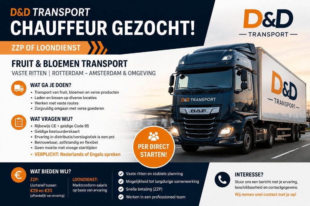 CE Chauffeur gezocht – ZZP of Loondienst, 33 - 40 uur