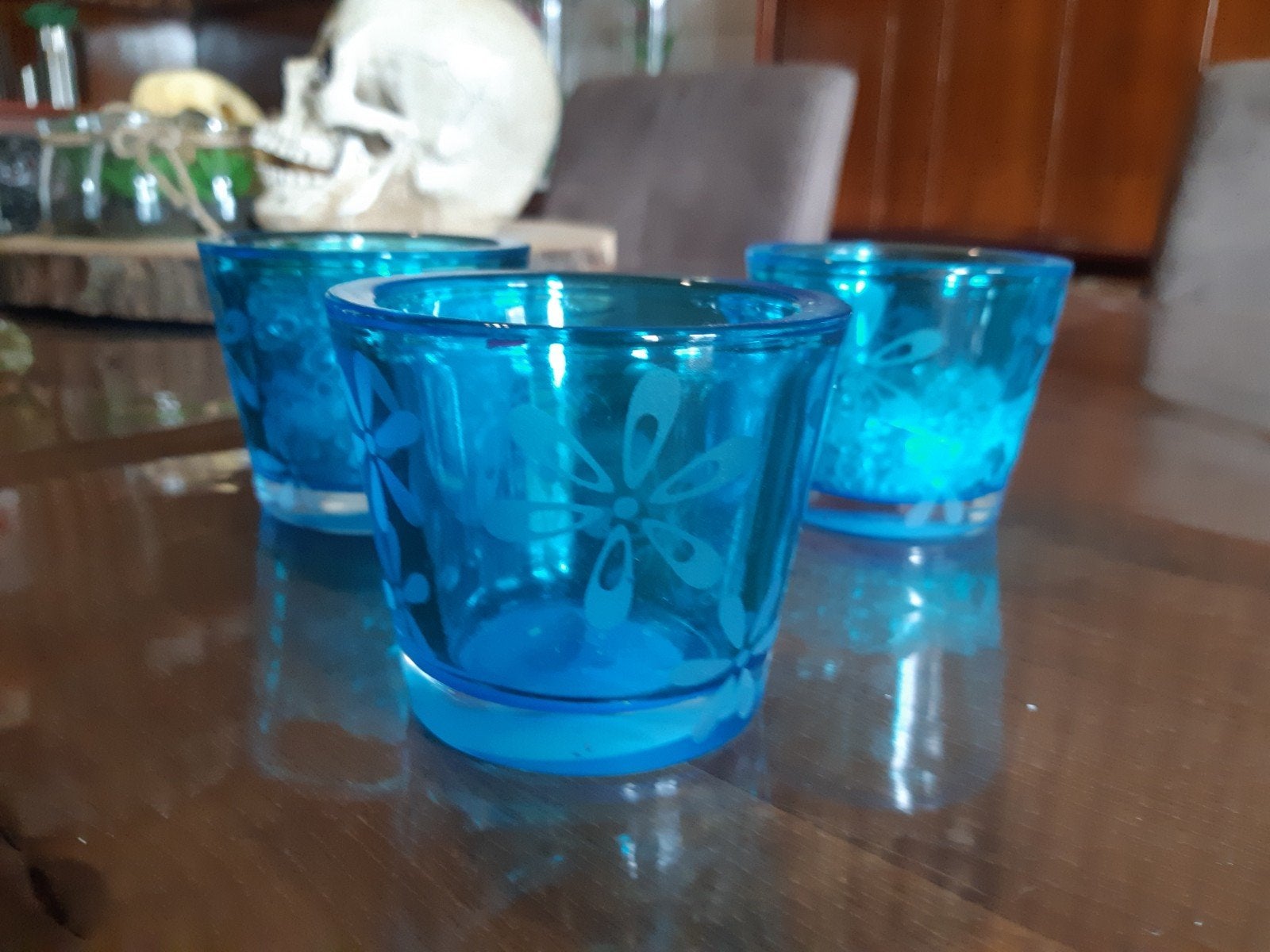 3 glazen theelichtjes houders. Aqua / turquoise, Blauw, Waxinelichthouder, Ophalen of Verzenden, Glas