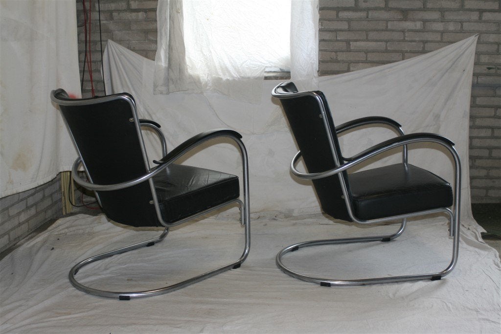 2 Mat Chroom Vintage Jaren '50 Leren Gispen 412 Fauteuils, Ophalen, Gebruikt, Fa. Gispen Culemborg, Minder dan 75 cm