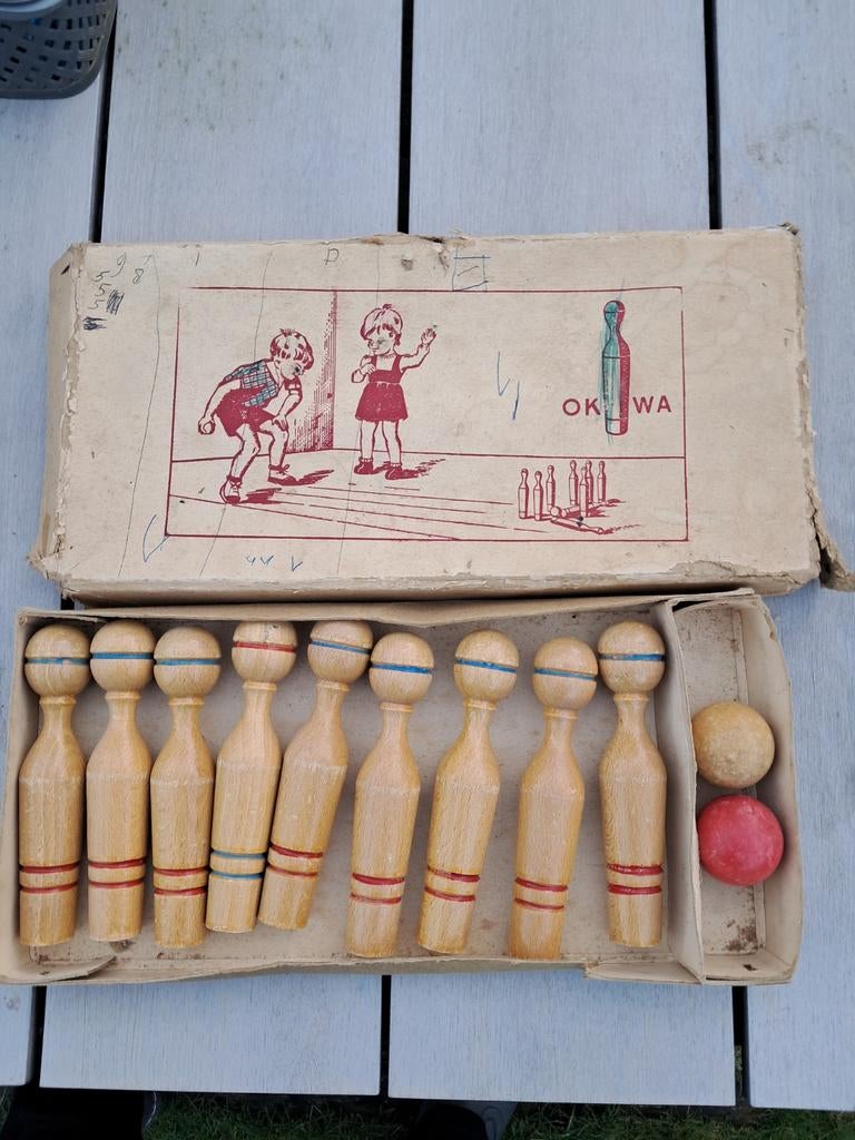 Vintage OKWA Bowlingset met Houten Kegels, Ophalen of Verzenden, Gebruikt