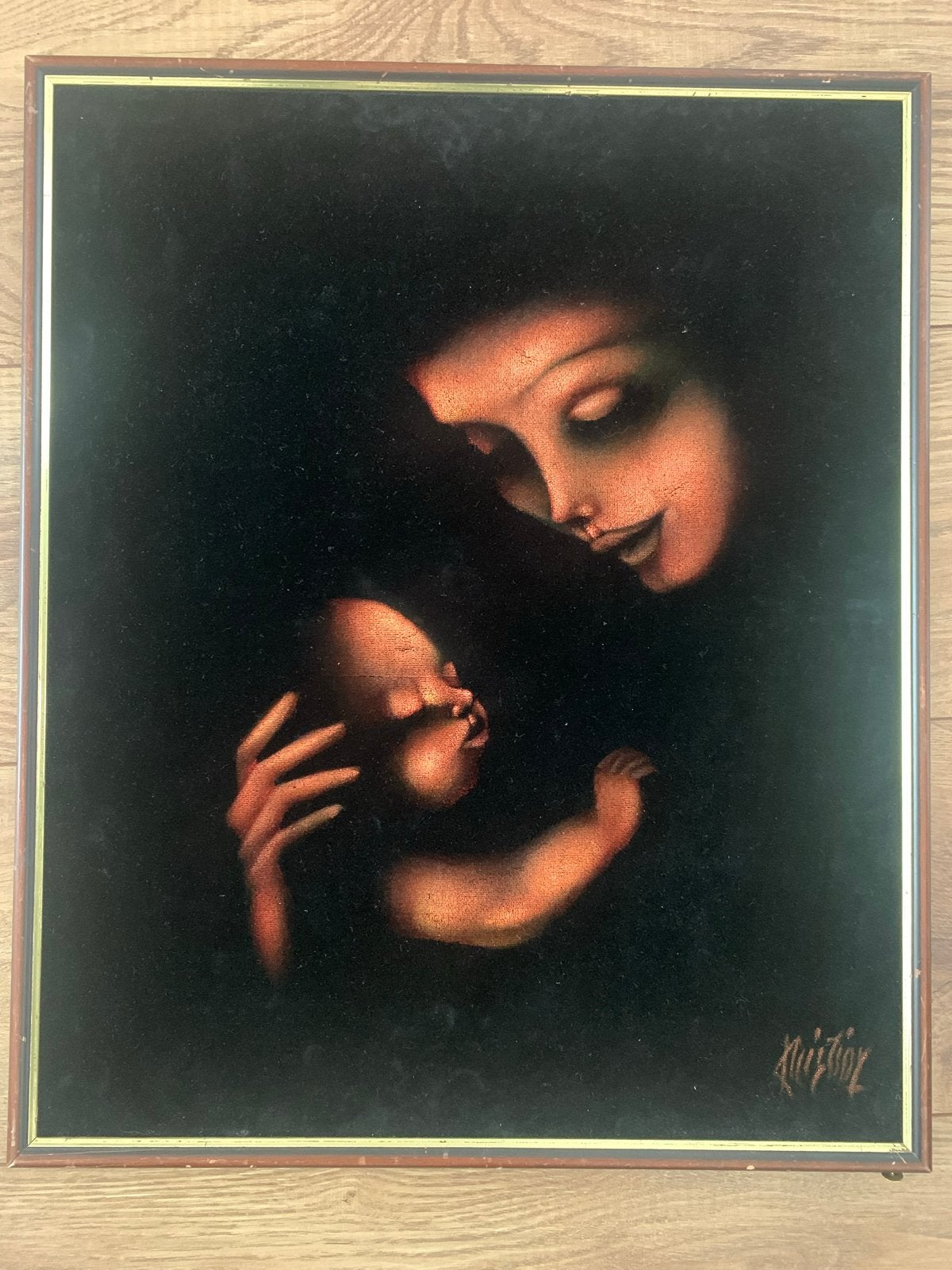Vintage fluwelen schilderij: Moeder en kind, Antiek en Kunst, Portret of Personen, Overige ondergronden, Ophalen of Verzenden