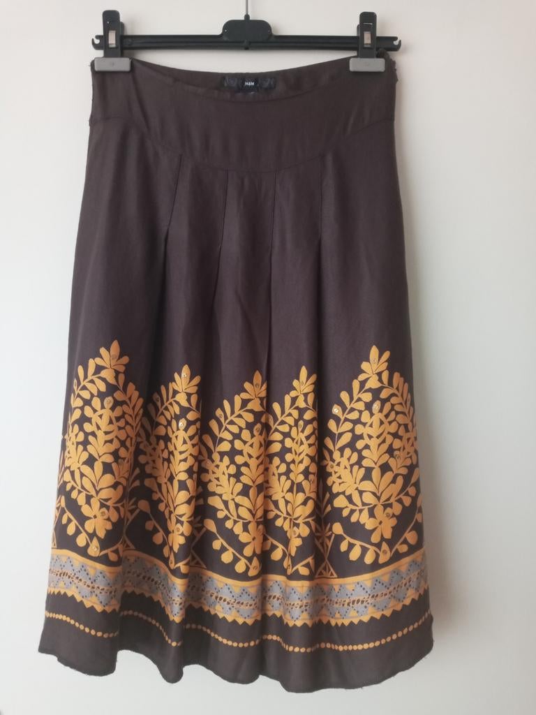 S superleuke rok bruin met oranje takken en goud pailletten, H&M, Bruin, Ophalen of Verzenden, Zo goed als nieuw